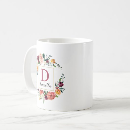 Bugundy Fall Floral Custom Monogram Kaffeetasse (Vorderseite Links)