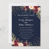 Bugundy Navy Confetti Floral Engagement Party Einladung (Vorderseite)