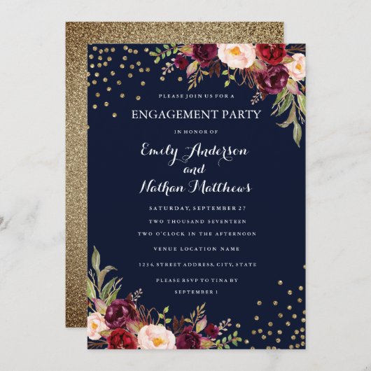 Bugundy Navy Confetti Floral Engagement Party Einladung (Vorne/Hinten)