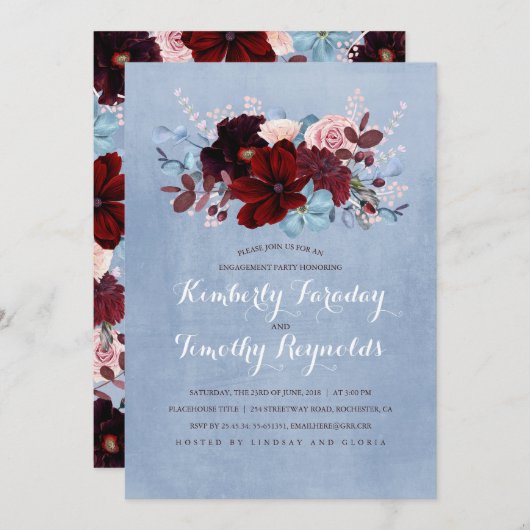 Bugundy und Dusty Blue Floral Engagement Party Einladung (Vorne/Hinten)