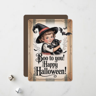 "Buh dir! Frohes Halloween!" Vintage Hexe & Katze Feiertagskarte