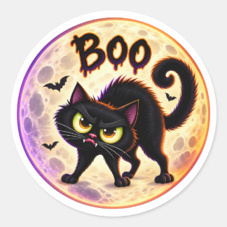 Buh! Grumpy Schwarze Katze und Vollmond Halloween Runder Aufkleber