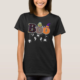 Buh mit Spinnen und Hexe Gruseliger Hut Eule Hallo T-Shirt