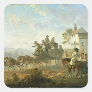 Bühne Coach on a Country Road, 1792 (Öl auf Scheib Quadratischer Aufkleber
