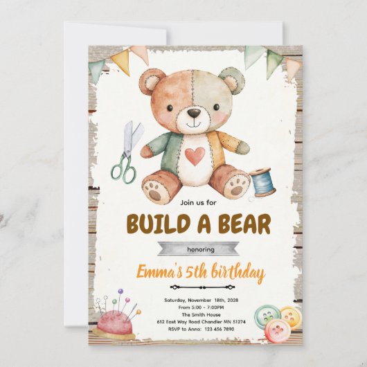 Build-A-Stuffy Geburtstagseinladung Einladung (Vorderseite)