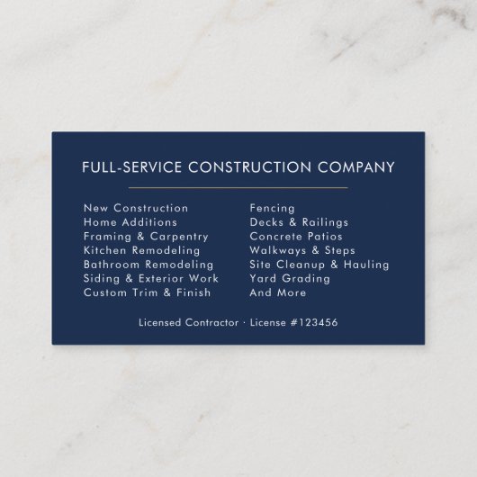 Builder Navy Blue Gold Modern Construction Visitenkarte (Rückseite)