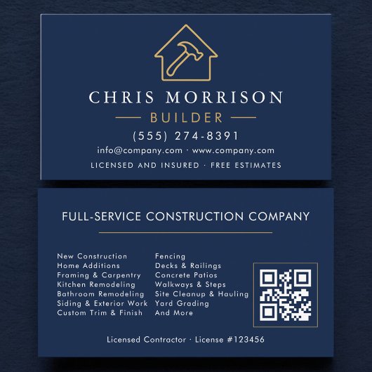 Builder Navy Blue Gold QR Code Construction  Visitenkarte