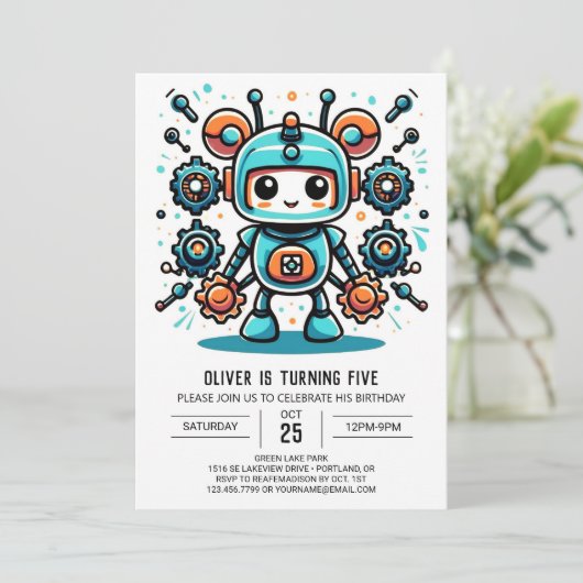 Builder Robot Birthday Einladung (Stehend Vorderseite)