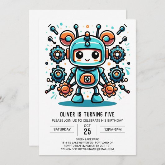 Builder Robot Birthday Einladung (Vorne/Hinten)