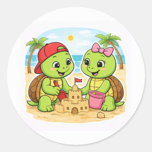 Building a sandcastle by the sea runder aufkleber (Vorderseite)