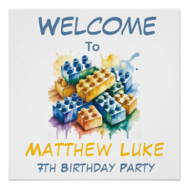 Building Block Splash Boy Birthday Party Welcome  Poster