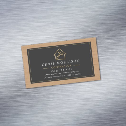 Building Construction Black Gold Wood QR Code Magnetische Visitenkarte (Beispiel)