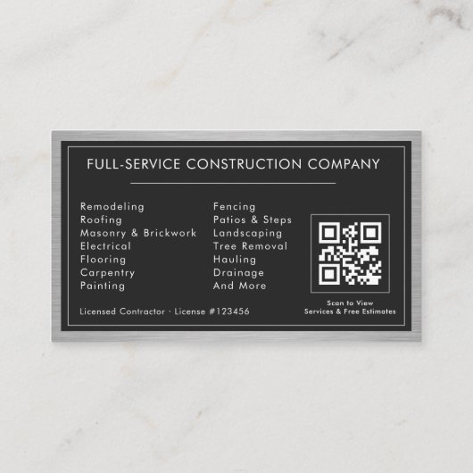 Building Construction Black Silver Metal QR Code Visitenkarte (Rückseite)