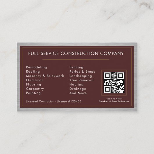 Building Construction Burgundy Faux Metal QR Code Visitenkarte (Rückseite)