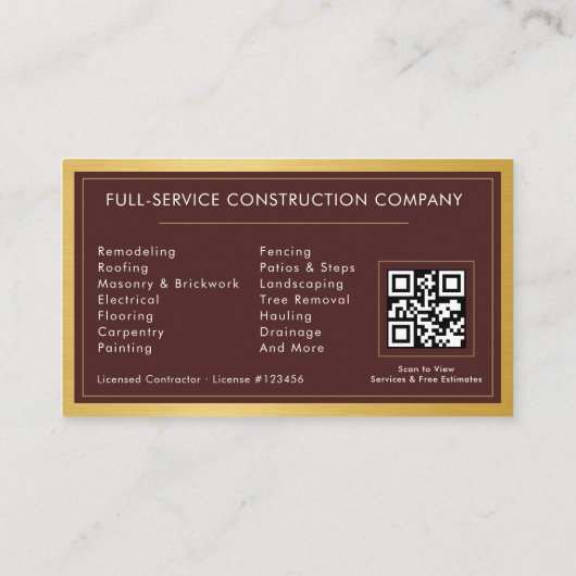 Building Construction Burgundy Gold Metal QR Code Visitenkarte (Rückseite)