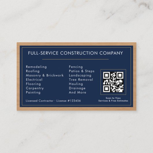 Building Construction Navy Blue Gold Wood QR Code Visitenkarte (Rückseite)
