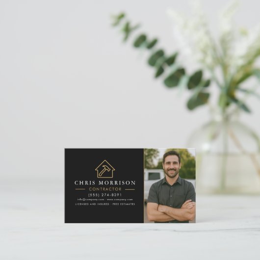 Building Construction QR Code Photo Black Gold Visitenkarte (Stehend Vorderseite)