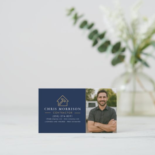 Building Construction QR Code Photo Navy Blue Gold Visitenkarte (Stehend Vorderseite)