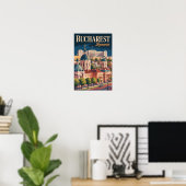 Bukarest Skyline Illustration Reise Kunst Vintage Poster (Heimbüro)