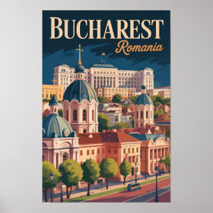 Bukarest Skyline Illustration Reise Kunst Vintage Poster