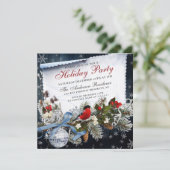 Bulfinch & Holly Berry Weihnachtsfeier Einladung (Stehend Vorderseite)