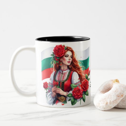 Bulgarische Flagge Tradition Folklore Frauen Rote  Zweifarbige Tasse (Mit Donut)