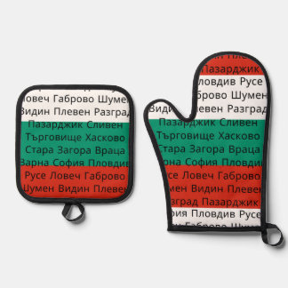 Bulgarische Flaggenfarben mit kyrillischen Städten Ofenhandschuh & Topflappen-Set