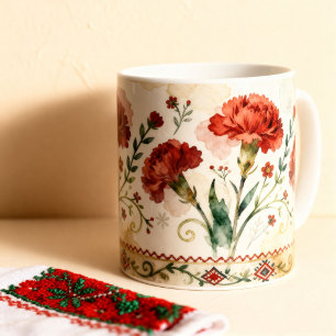 Bulgarische Shevitsa Stickerei Rote Nelken Volksku Kaffeetasse
