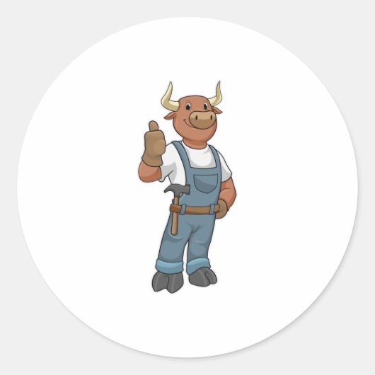 Bull als Handyman mit Hammer Runder Aufkleber (Vorderseite)