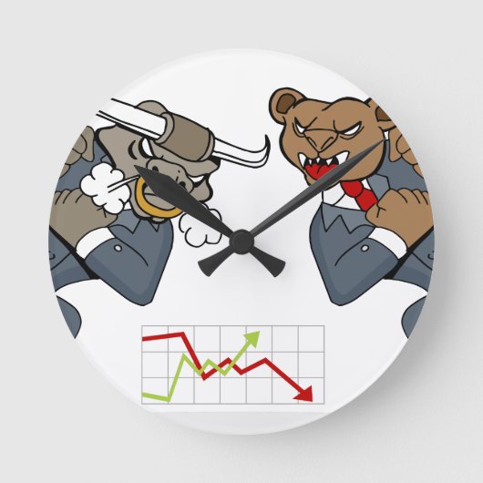 Bull Bear Battle Stock Market Cartoon Runde Wanduhr (Vorderseite)