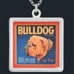 Bull Dog auf blauem Hintergrund Versilberte Kette<br><div class="desc">Ein Vintages Kratetikett,  das einen Bulldog mit einem blauen gemusterten Hintergrund und einem orangefarbenen Rand illustriert. Wählen Sie diesen Kunstdruck auf Ihrem Zazzle-Produkt heute.</div>