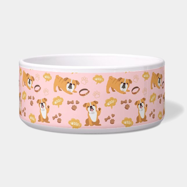Bull Dog Themed Pattern (rosa) Keramik Pet Bowl Napf (Vorderseite)