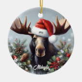Bull Moose in der Weihnachtsmannmütze Weihnachten Keramik Ornament (Vorne)