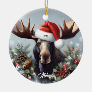 Bull Moose in der Weihnachtsmannmütze Weihnachten Keramik Ornament