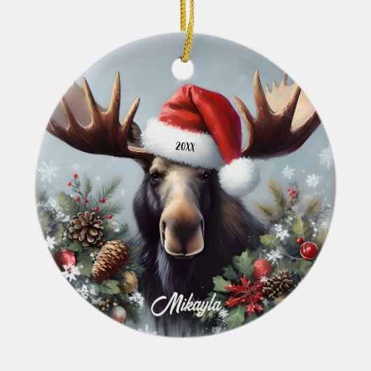 Bull Moose in der Weihnachtsmannmütze Weihnachten Keramik Ornament (Vorne)