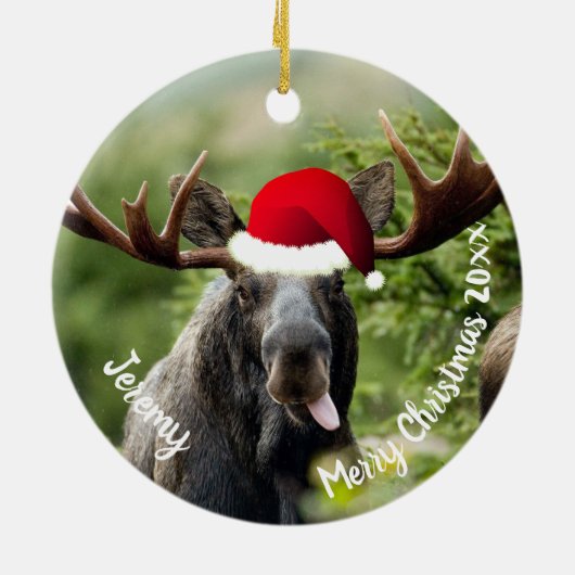 Bull Moose in Santa Hat Ceramic Ornament (Hinten)