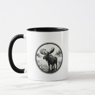 Bull Moose Lake Holzschnitt Schwarze Akzent-Tasse Tasse