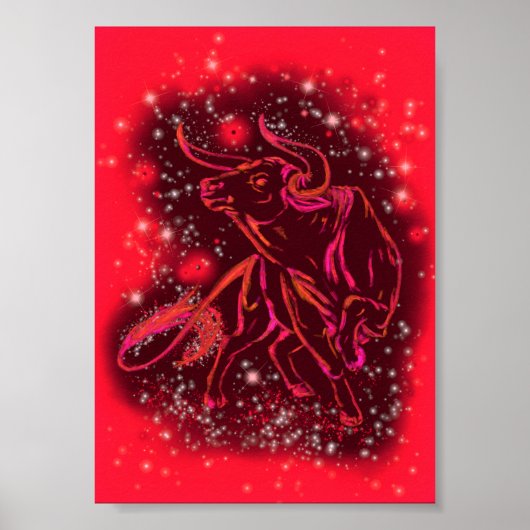 Bull rennt auf Red Starry Night Poster (Vorne)