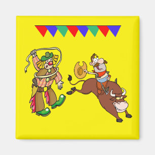 Bull Rider und Rodeo Clown Cartoon Magnet