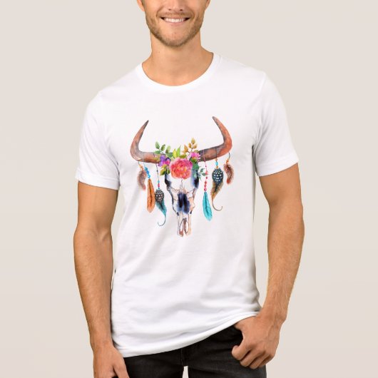 Bull Skull Blume & Feather Wasserfarben Tri-Blend Shirt (Vorderseite)