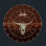 Bull Skull Brown Country Rustic Western Monogramm Dartscheibe<br><div class="desc">Bull Kuh Schädel Western alte rustikale Monogramm-Dartboard. Erzählen Sie Zeit mit diesem Vintagen antiken braunen Bauernhaus  Spiel für Ihre Mannhöhle. Altes wildes Westcowboy-Design. Coole,  trendige und moderne Bauernkunst.</div>