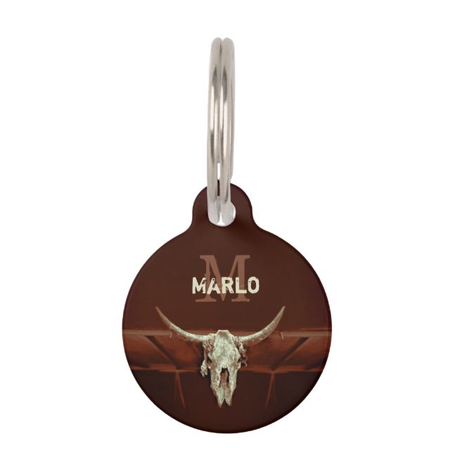 Bull Skull Brown Country Rusticus Monogram Haustiermarke (Vorderseite)