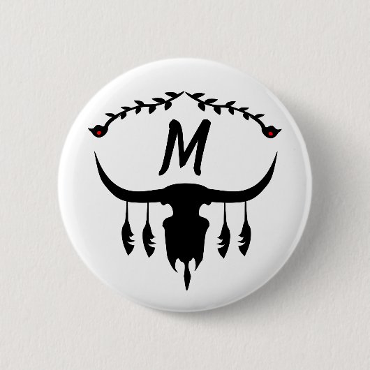 Bull Skull mit Black Feathers Silhouette Button (Vorderseite)