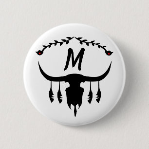 Bull Skull mit Black Feathers Silhouette Button