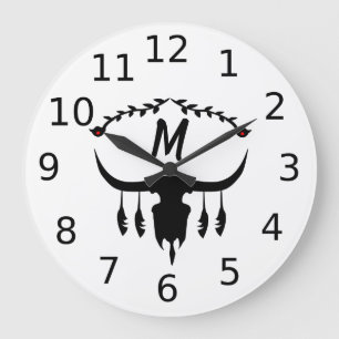 Bull Skull mit Black Feathers Silhouette Große Wanduhr