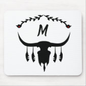 Bull Skull mit Black Feathers Silhouette Mousepad (Vorne)