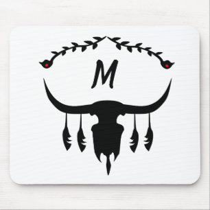 Bull Skull mit Black Feathers Silhouette Mousepad