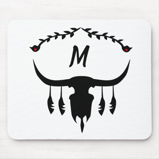 Bull Skull mit Black Feathers Silhouette Mousepad (Vorne)
