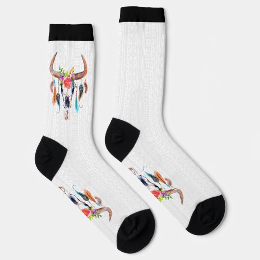 Bull Skull mit Blume und Federn Socken (Rechts)