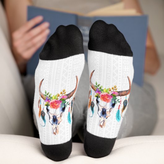 Bull Skull mit Blume und Federn Socken (Unterseite)